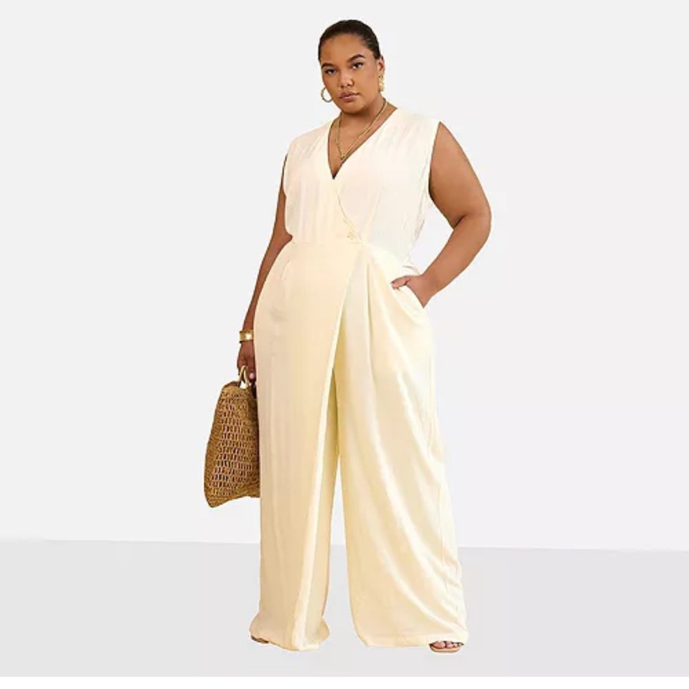 Rebdolls Alia Linen Wrap Overlay Wide Leg Jumpsuit 3X Beige Sleeveless Neutral